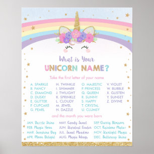 Poster Cute Rainbow What Your Unicorn Name Jeu Sign