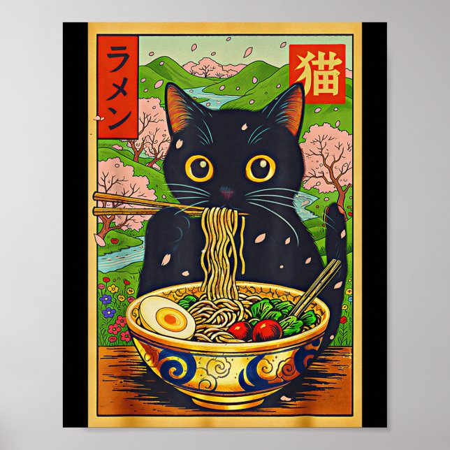 Poster Cute Ramen Cat Nature Flowers Noodle Anime  (Devant)