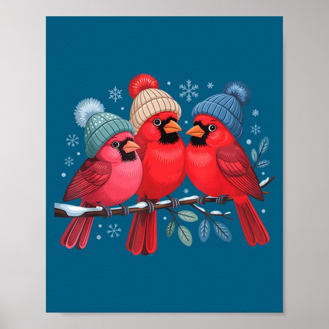 Poster Cute Red Cardinals With Knitted Hats Winter Bird A (Devant)