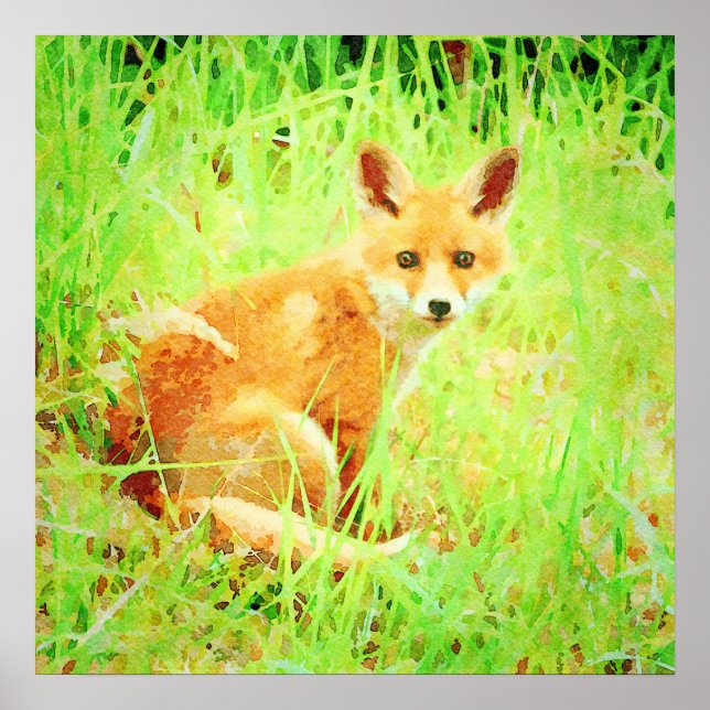 Poster Cute Red Fox Wildlife Aquarelle Peinture Art (Devant)