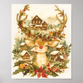 Poster Cute Reindeer Christmas Vintage Watercolor 