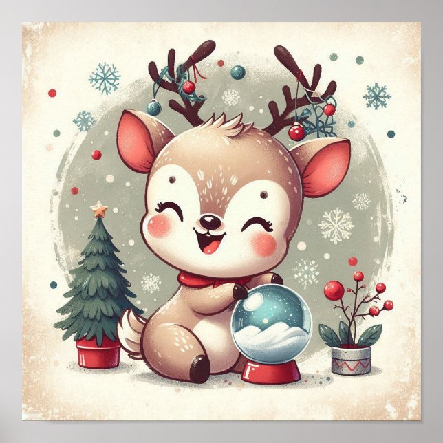 Poster Cute Reinder Avec Snowglobe Kids Room Wall Art (Devant)