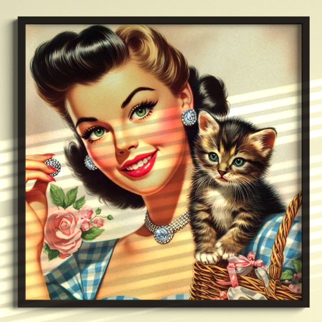 Poster Cute Retro Girl and Kitten (Créateur téléchargé)
