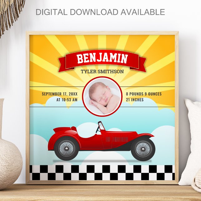Poster Cute Retro Red Race Car Baby Photo Birth Stats (Créateur téléchargé)