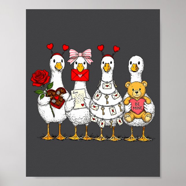 Poster Cute Retro Valentine Silly Gooses Duck Love Couple (Devant)