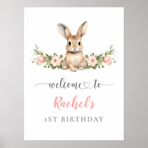 Poster Cute rose Floral Bunny Girl 1er anniversaire Bienv