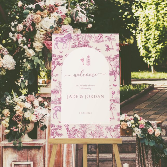Poster Cute Safari Toile de Jouy | Baby shower rose (Créateur téléchargé)