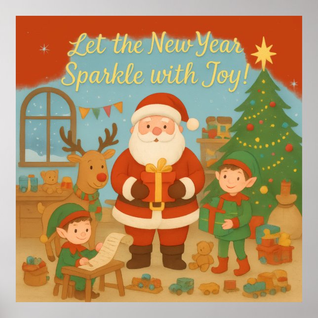 Poster Cute Santa & Elves New Year Holiday Card (Devant)