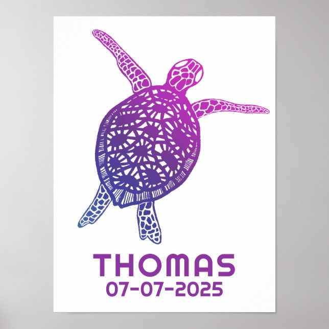 Poster Cute Sea Turtle CUSTOM NOM DE BÉBÉ ANNIVERSAIRE Ar (Devant)