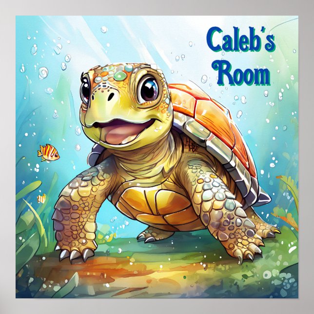 Poster Cute Sea Turtle in the Ocean Cartoon Personalized (Devant)