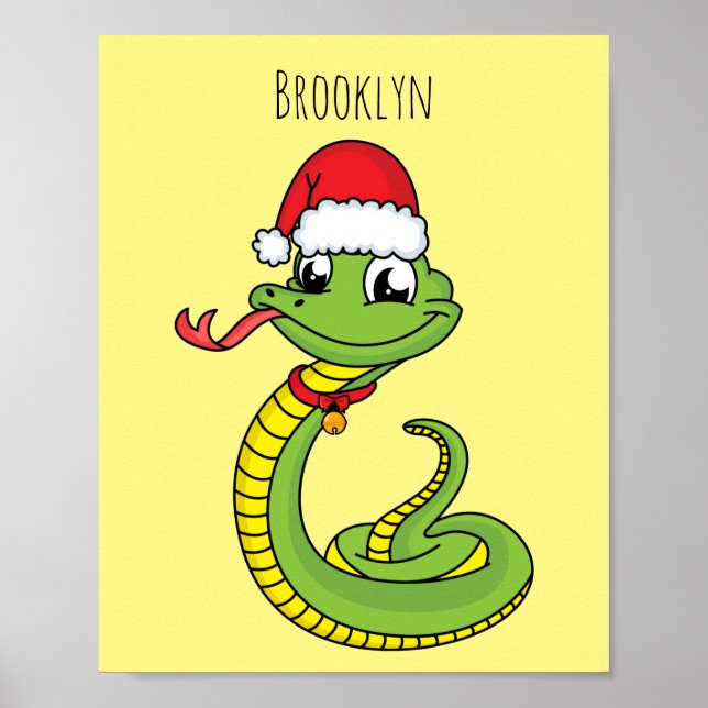 Poster Cute serpent vert avec chapeau santa dessin animé (Devant)
