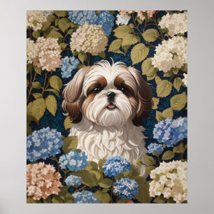 Poster Cute Shih Tzu Chiot Blue hydrangea fleurs
