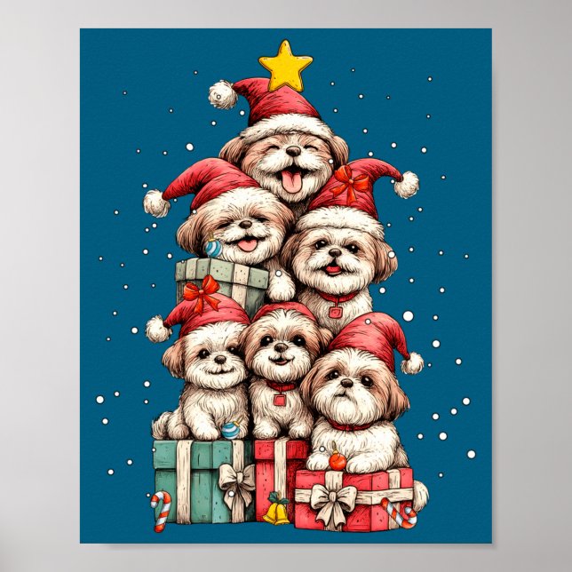 Poster Cute Shih Tzu Le Dog Christmas Tree Xmas Hat Long  (Devant)
