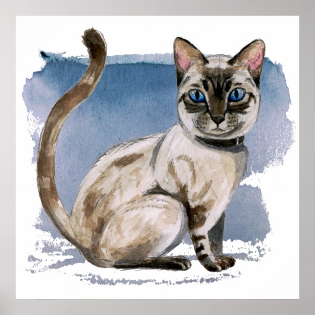 Poster Cute Siamese Chat aquarelle peinture (Devant)