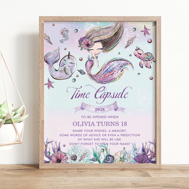 Poster Cute Sirène sous la mer Anniversaire Capsule (zazzle-mermaid-brunette-girl-under-the-sea-1st-birthday-time-capsule-sign-poster-activity-printed)