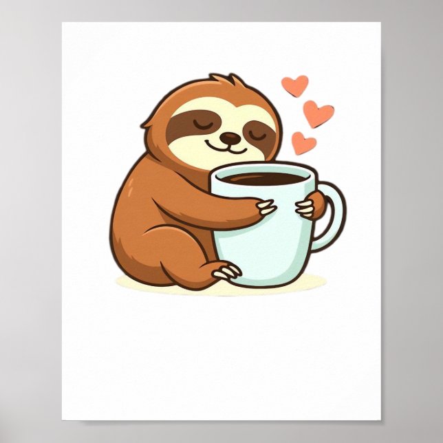 Poster Cute Sloth Hugging Big Coffee Cup Premium T-Shirt (Devant)