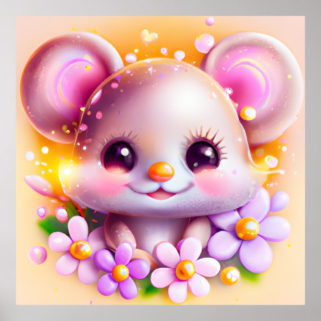 Poster Cute souris rose Kawaii (Devant)