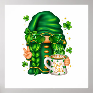 Poster Cute St Patricks Day Gnome Drinking Coffee