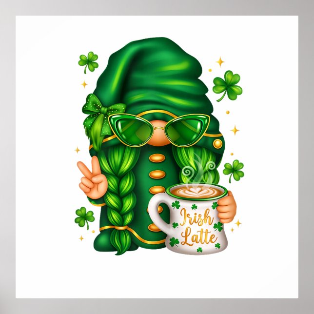 Poster Cute St Patricks Day Gnome Drinking Coffee (Devant)