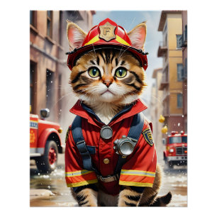 Poster Cute Tabby Chat en Aquarelle Uniforme Firefighter