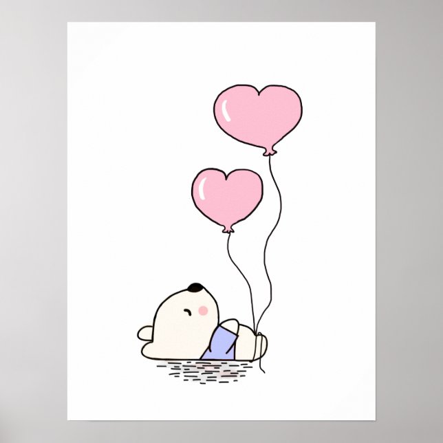 Poster Cute Teddy Bear with Pink Balloons Girls Bedroom (Devant)