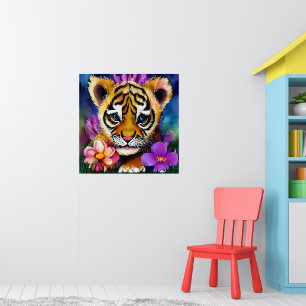 Poster Cute Tiger Cub Entouré de Fleurs