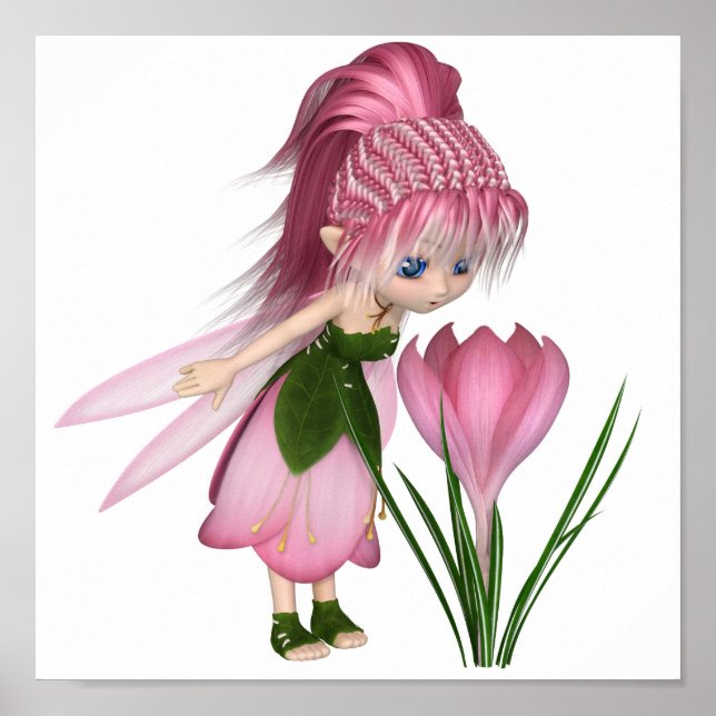 Poster Cute Toon Rose Crocus Fairy, debout par une fleur (Devant)
