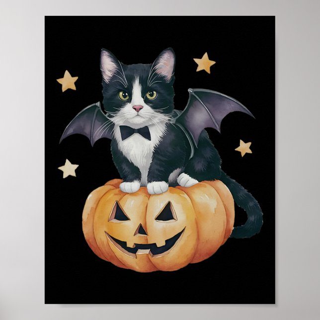 Poster Cute Tuxedo Chat Halloween Citrouille Chat Éffraya (Devant)