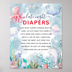 Poster Cute Under the Sea Baby shower "Late Night Diaper"