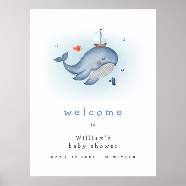 Poster Cute Under The See Whale Boat Baby shower Welcome (Devant)