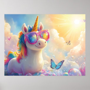 Poster Cute Unicorn avec lunettes de soleil : Magique et 