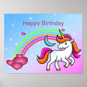 Poster Cute, Unicorne colorée, Arc-en-ciel, Coeurs, Anniv