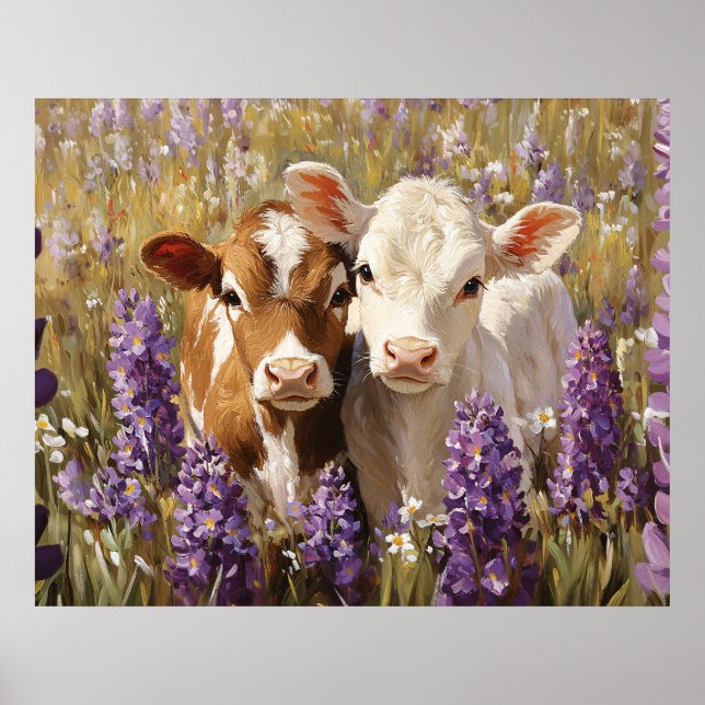 Poster Cute Vaches Laitières Calves Lupines Fleurs (Devant)