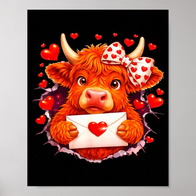 Poster Cute Valentine Highland Cow With Heart Bow Western (Devant)
