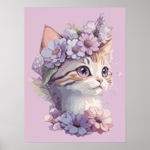 Poster Cute Violet Aquarelle Chat avec Flore