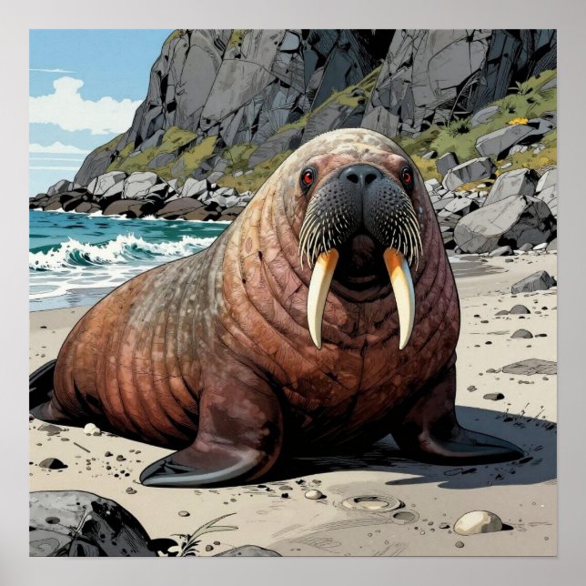 Poster Cute Walrus on a Sandy Beach  (Devant)