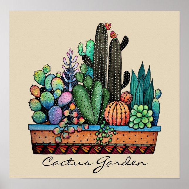 Poster Cute Watercolor Cactus Garden (Devant)