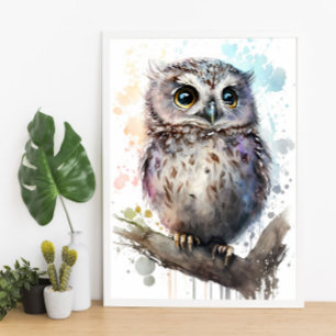 Poster Cute Watercolor Cute Owl Woodland Nursery