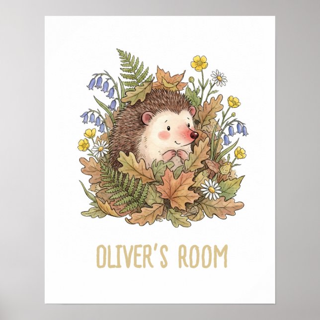 Poster Cute Watercolor Hedgehog & Wildflowers Nursery  (Devant)