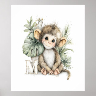Poster Cute watercolour baby animal alphabet Monkey