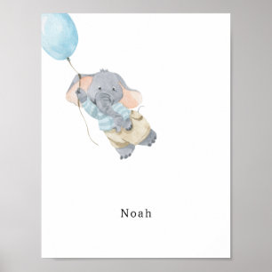 Poster Cute Watercolour Elephant With Balloon Name