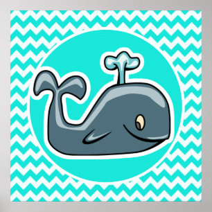 Poster Cute Whale on Turquoise, Aqua Color Chevron