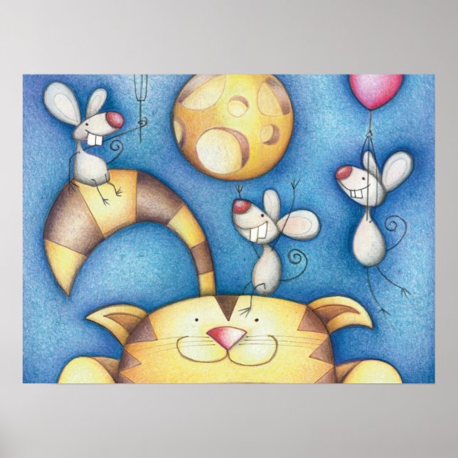 Poster Cute Whimsical Cat and Mouse Moon Art (Devant)