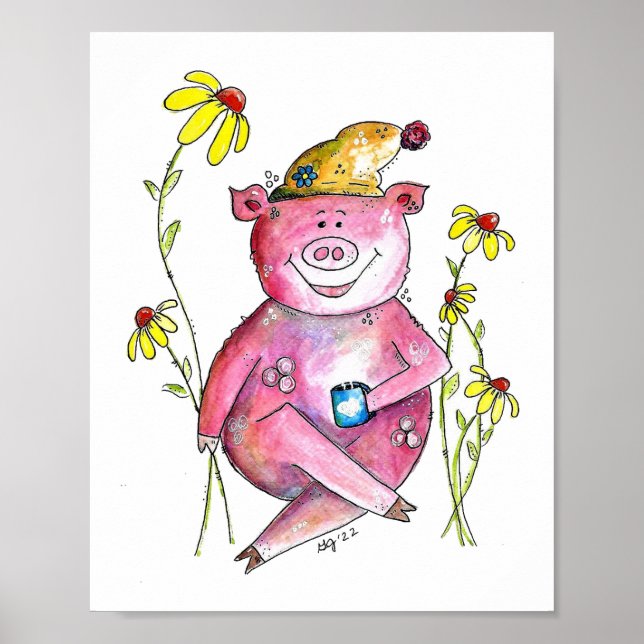 Poster Cute Whimsical Cochon Boire Café (Devant)