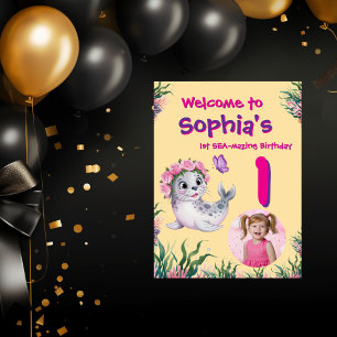 Poster Cute Whimsical Floral Sealion Anniversaire Bienven