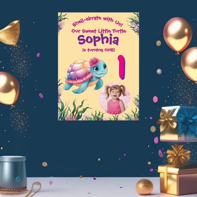 Poster Cute Whimsical Floral Turtle Anniversaire Bienvenu (Créateur téléchargé)