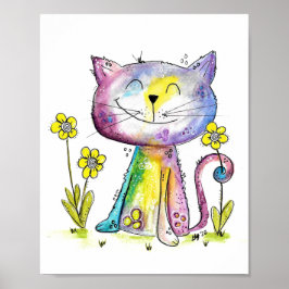Poster Cute Whimsical Happy Chat avec Fleur Jaune