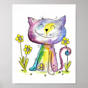 Poster Cute Whimsical Happy Chat avec Fleur Jaune