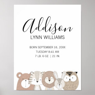 Poster Cute Wild Animals Baby Birth Stats Nursery Imprime