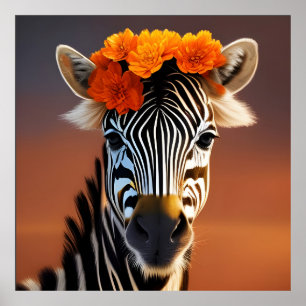 Poster Cute Zebra portant des fleurs orange